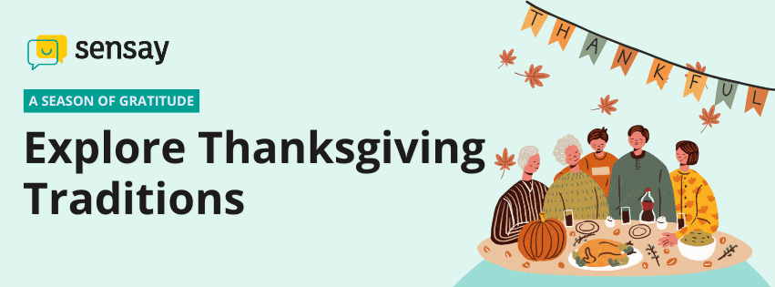 A family gathered around a Thanksgiving dinner table with turkey, pumpkin pie, and autumn decorations, under a “Thankful” banner.