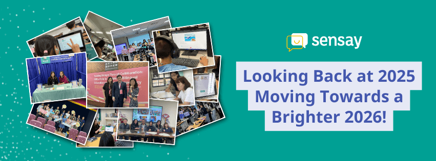 A collage showing students practicing English speaking and teachers collaborating with Sensay, highlighting key moments from 2025.