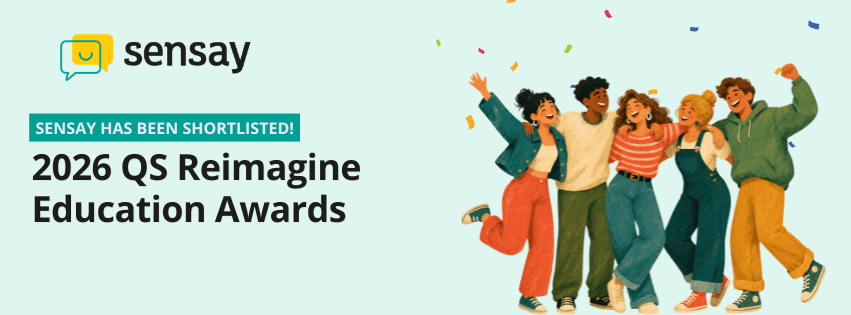 Sensay shortlisted for the 2026 QS Reimagine Education Awards, with a group of students celebrating.