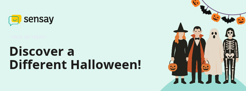 Sensay Halloween banner with the text “Discover a Different Halloween!” beside a witch, vampire, ghost, and skeleton.
